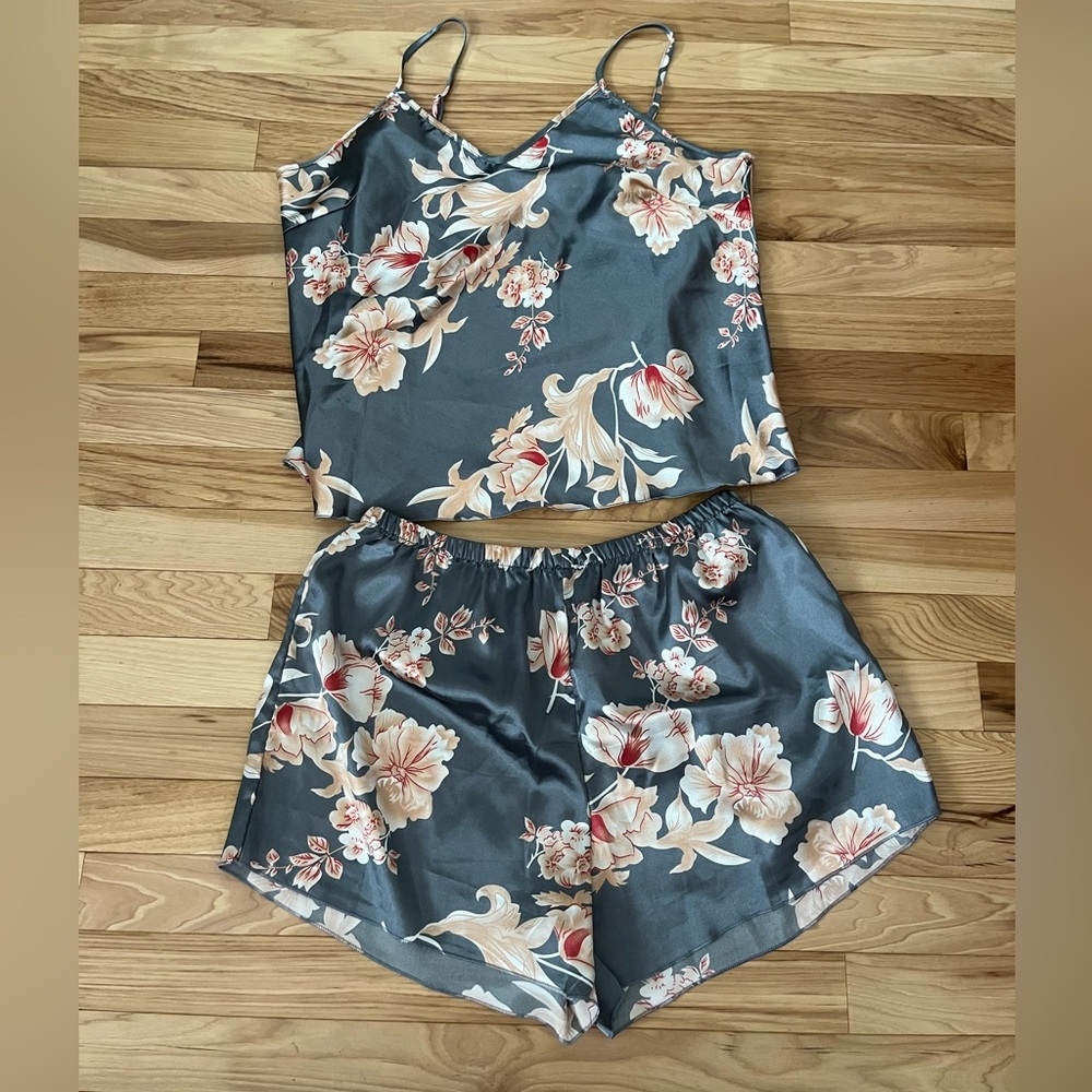 Floral Satin Sleepwear Set - Gray and Pink